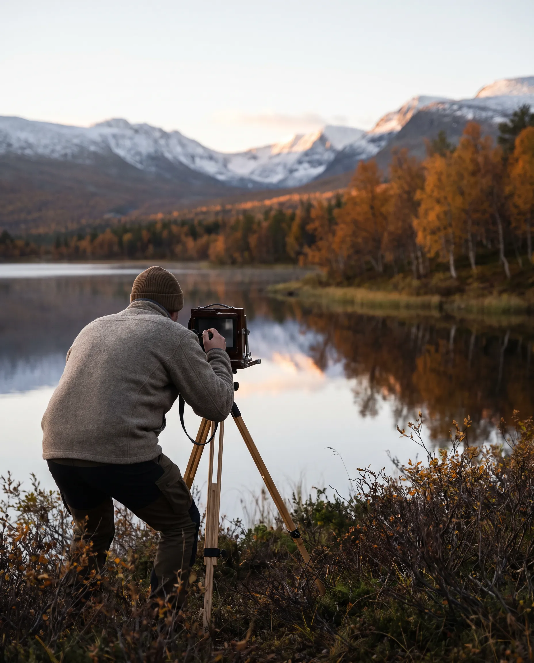 Fotograf med storformatskamera på stativ vid en fjällsjö i höstfärger